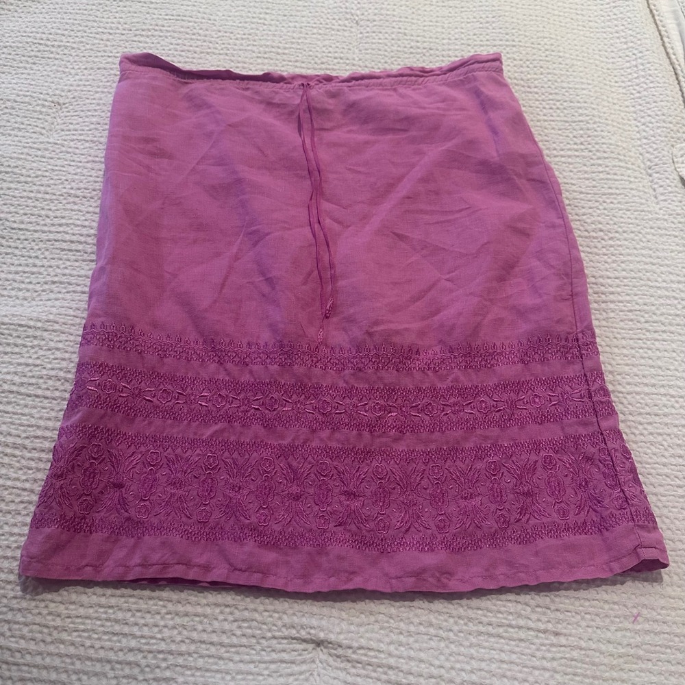 Johnny Was Item Pink Linen Embroidered A-Line Skirt Small Boho Drawstring Knee
